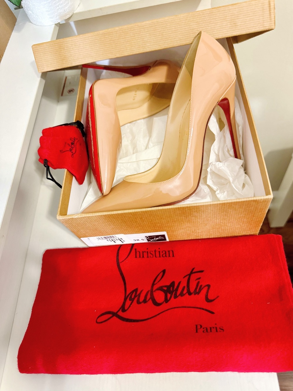 Christian Louboutin So Kate Beige Patent Leather Pointed Toe Pumps 8.5
